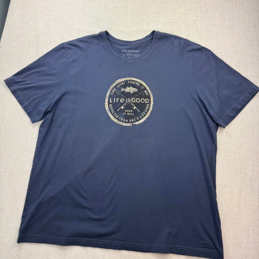 Life Is Good Fishing T-Shirt Mens XXXL Blue Crusher Tee Keep It‎ Reel Gorpcore